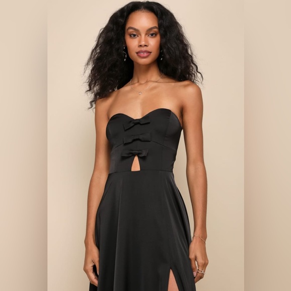 Lulus-Upscale Poise Black Satin Bow Strapless Maxi Dress (Small) - Picture 2 of 4